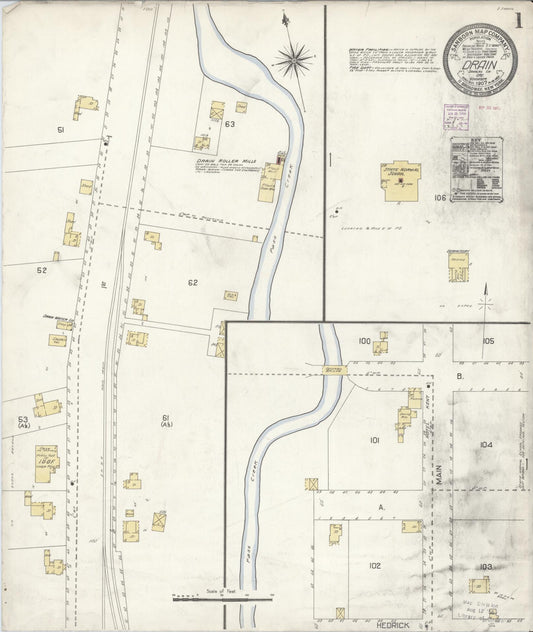 Sanborn Fire Insurance Map from Drain, Douglas County, Oregon (1907), Sheet #0001 - Historic Sanborn Fire Insurance Map Print, vintage old map wall art, antique decor, genealogy gift, Oregon Oregon map