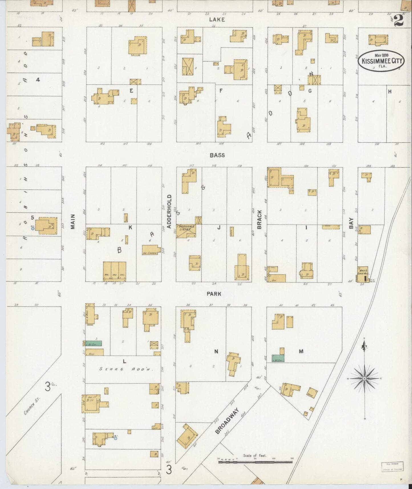 Sanborn Fire Insurance Map from Kissimmee, Osceola County, Florida (1899), Sheet #0002 - Complete Map Set gallery image, historic Sanborn map, vintage wall art, Florida Florida