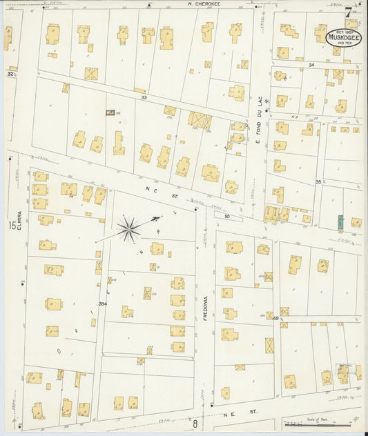 Sanborn Fire Insurance Map from Muskogee, Muskogee County, Oklahoma (1907), Sheet #0007 - Historic Sanborn Fire Insurance Map Print, vintage old map wall art, antique decor, genealogy gift, Oklahoma Oklahoma map