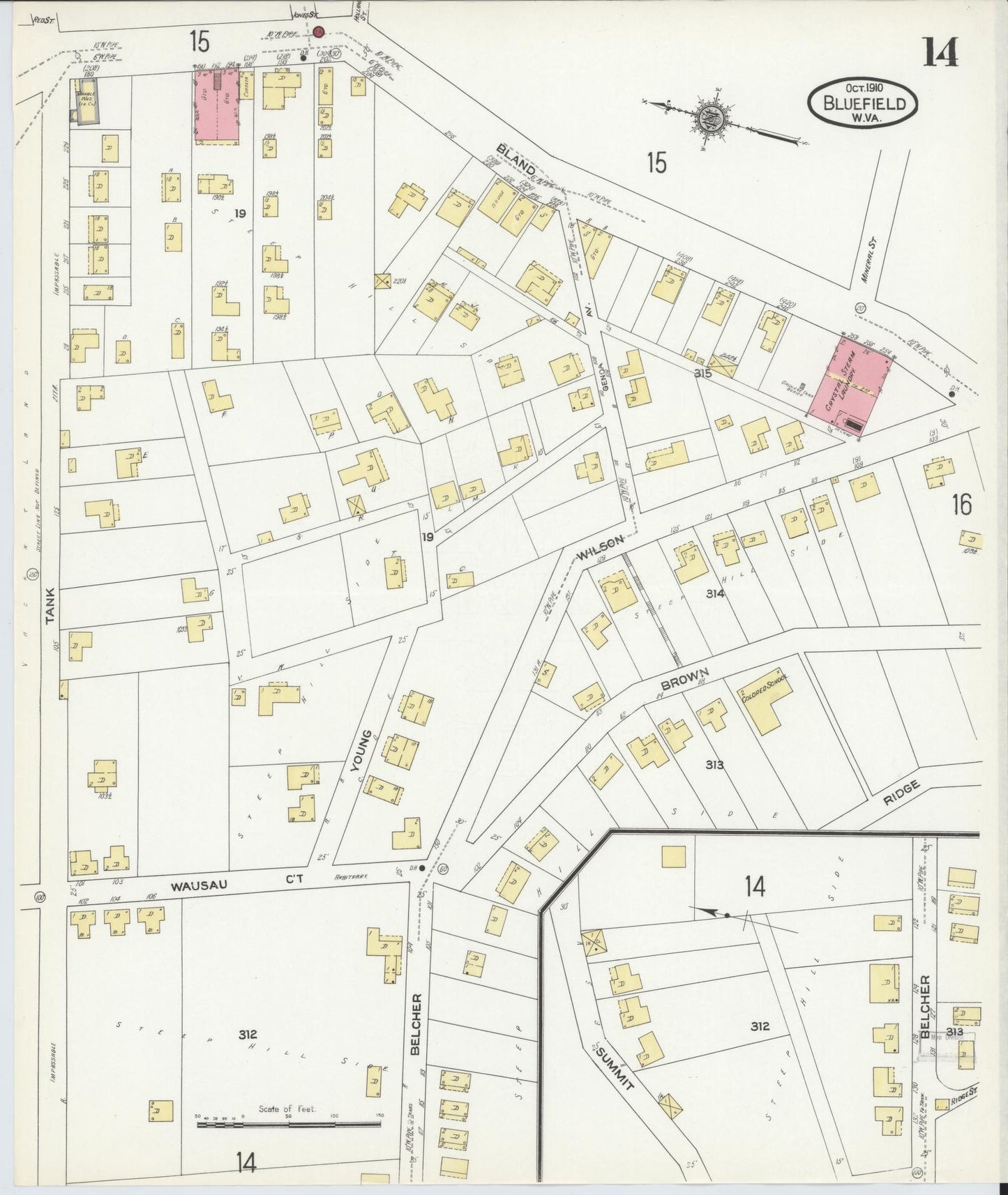 Sanborn Fire Insurance Map from Bluefield, Mercer County, West Virginia (1910), Sheet #0014 - Historic Sanborn Fire Insurance Map Print, vintage old map wall art, antique decor, genealogy gift, West Virginia West Virginia map
