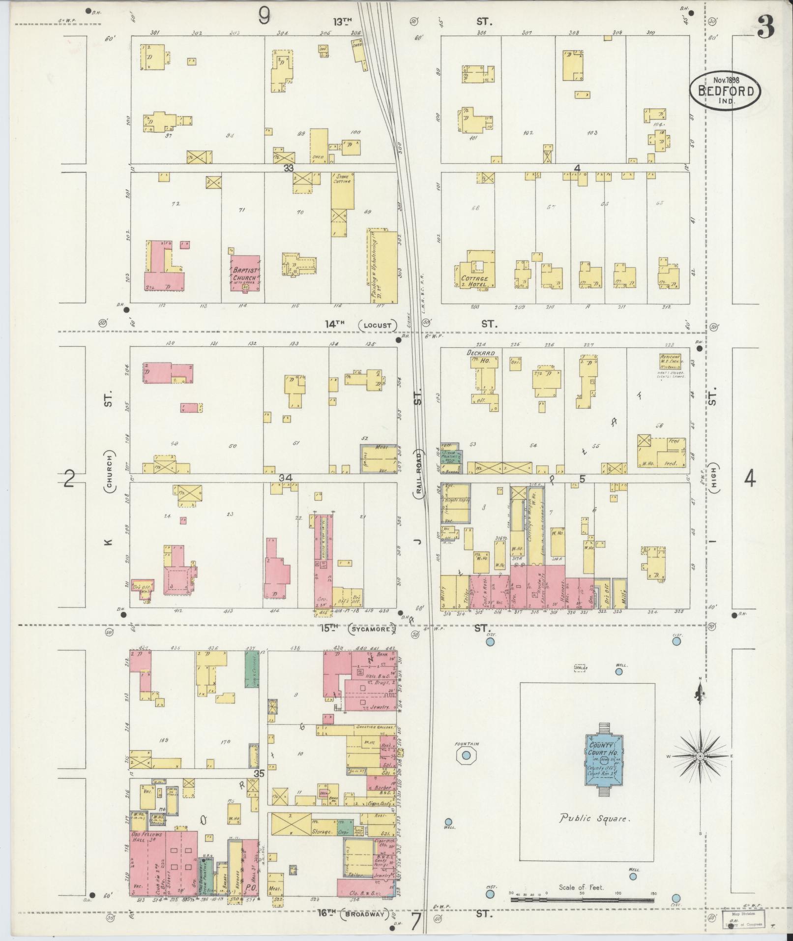 Sanborn Fire Insurance Map from Bedford, Lawrence County, Indiana (1898), Sheet #0003 - Complete Map Set gallery image, historic Sanborn map, vintage wall art, Indiana Indiana