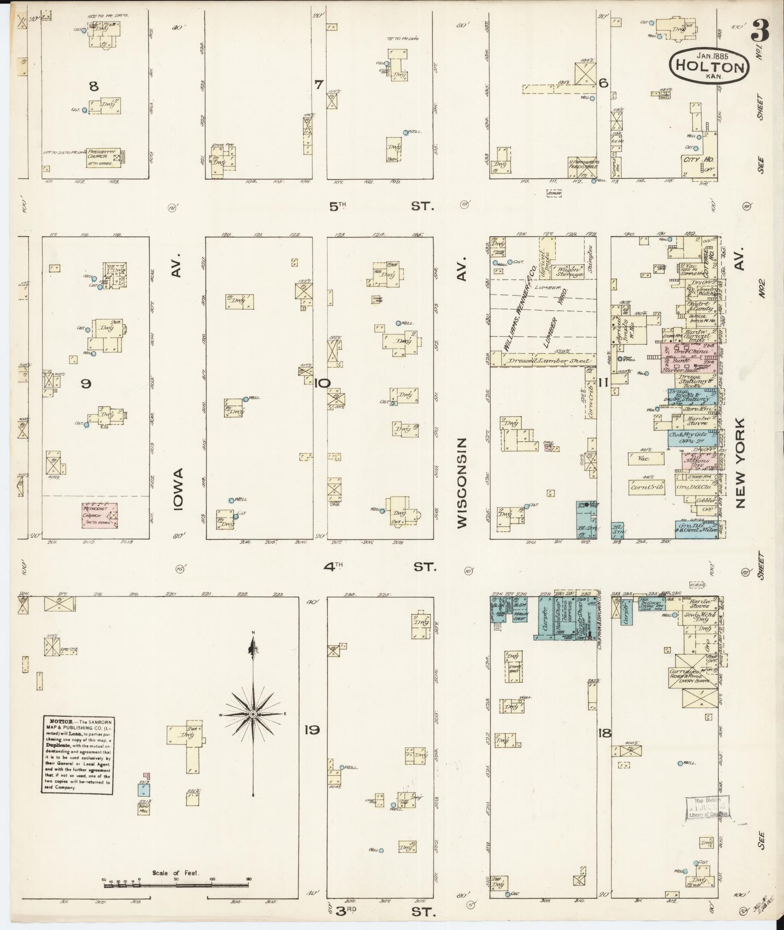 Sanborn Fire Insurance Map from Holton, Jackson County, Kansas (1885), Sheet #0003 - Complete Map Set gallery image, historic Sanborn map, vintage wall art, Kansas Kansas