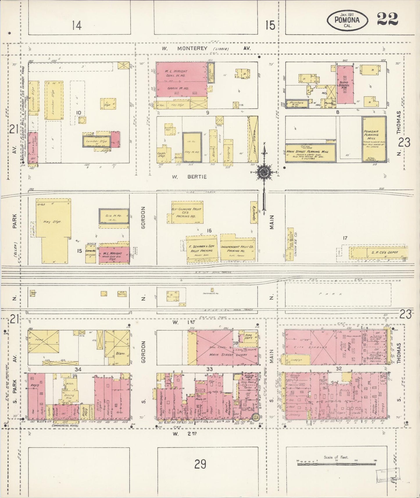 Sanborn Fire Insurance Map from Pomona, Los Angeles County, California (1911), Sheet #0022 - Complete Map Set gallery image, historic Sanborn map, vintage wall art, California California