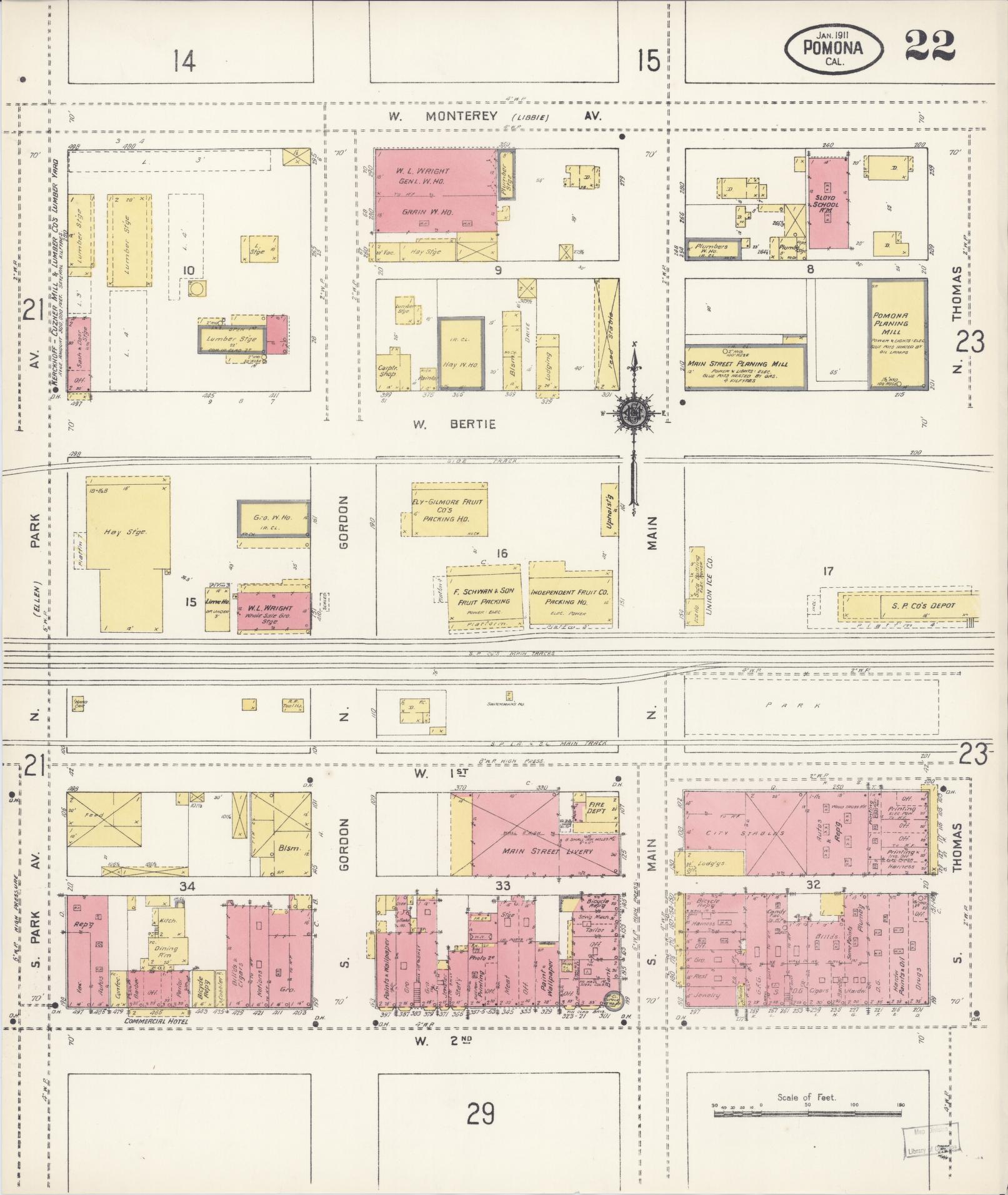 Sanborn Fire Insurance Map from Pomona, Los Angeles County, California (1911), Sheet #0022 - Complete Map Set gallery image, historic Sanborn map, vintage wall art, California California