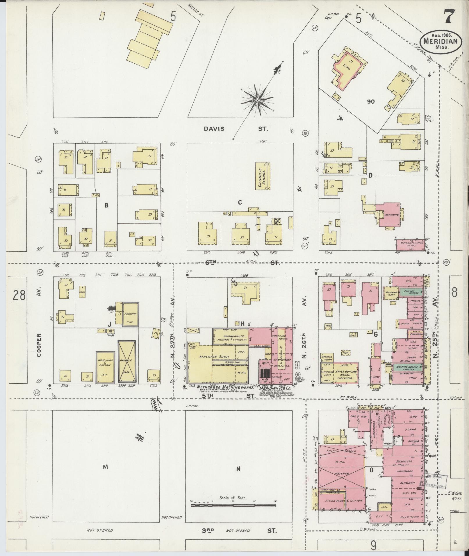 Sanborn Fire Insurance Map from Meridian, Lauderdale County, Mississippi (1906), Sheet #0007 - Complete Map Set gallery image, historic Sanborn map, vintage wall art, Mississippi Mississippi