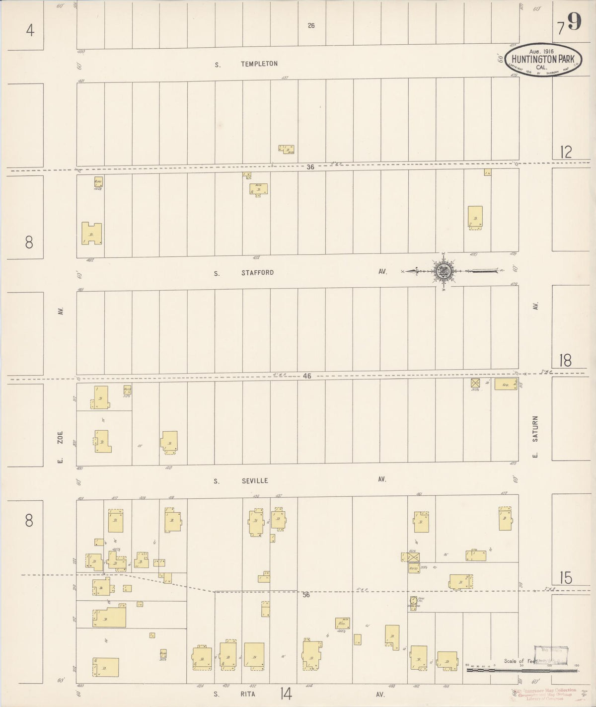 Sanborn Fire Insurance Map from Huntington Park, Los Angeles County, California (1916), Sheet #0009 - Complete Map Set gallery image, historic Sanborn map, vintage wall art, California California
