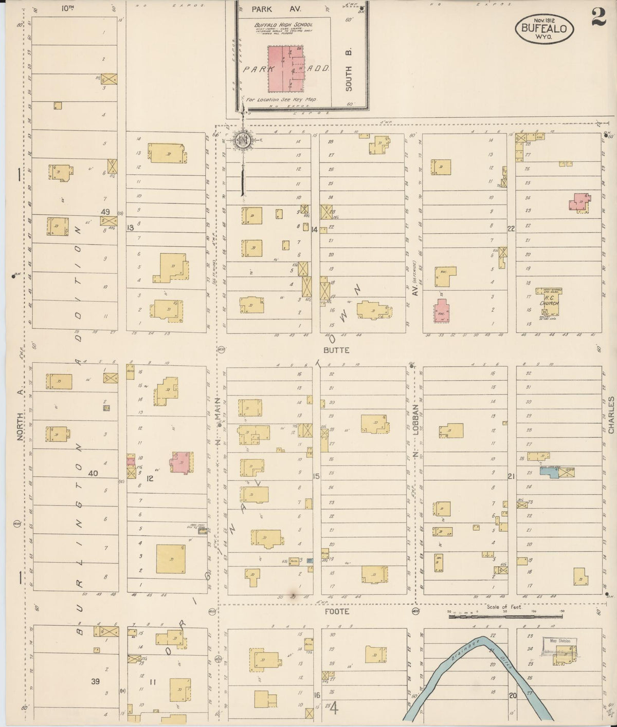 Sanborn Fire Insurance Map from Buffalo, Johnson County, Wyoming (1912), Sheet #0002 - Historic Sanborn Fire Insurance Map Print, vintage old map wall art, antique decor, genealogy gift, Wyoming Wyoming map