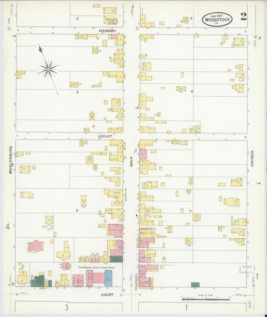 Sanborn Fire Insurance Map from Woodstock, Shenandoah County, Virginia (1909), Sheet #0002 - Historic Sanborn Fire Insurance Map Print, vintage old map wall art, antique decor, genealogy gift, Virginia Virginia map