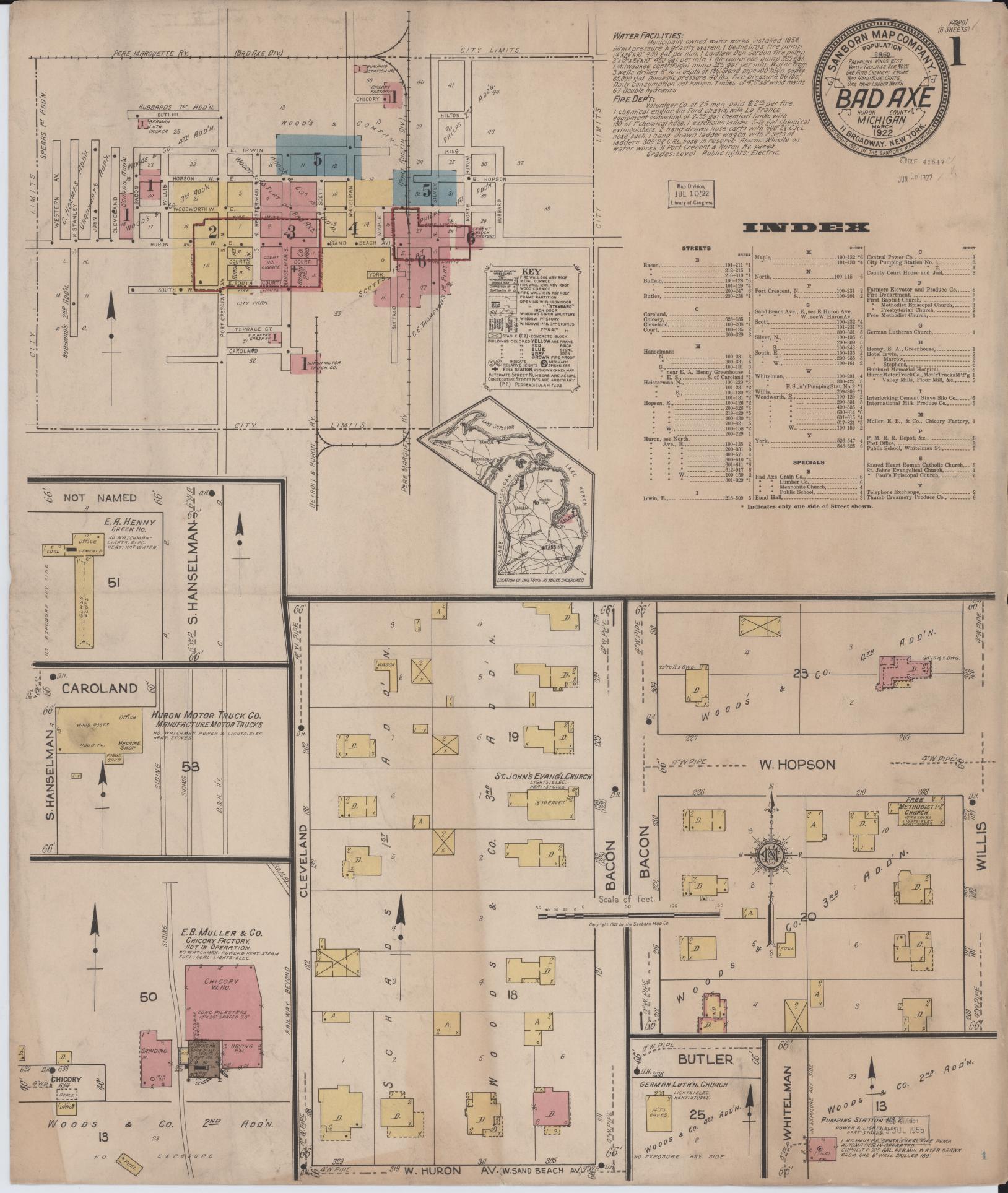 Sanborn Fire Insurance Map from Bad Axe, Huron County, Michigan (1922), Sheet #0001 - Historic Sanborn Fire Insurance Map Print, vintage old map wall art, antique decor, genealogy gift, Michigan Michigan map