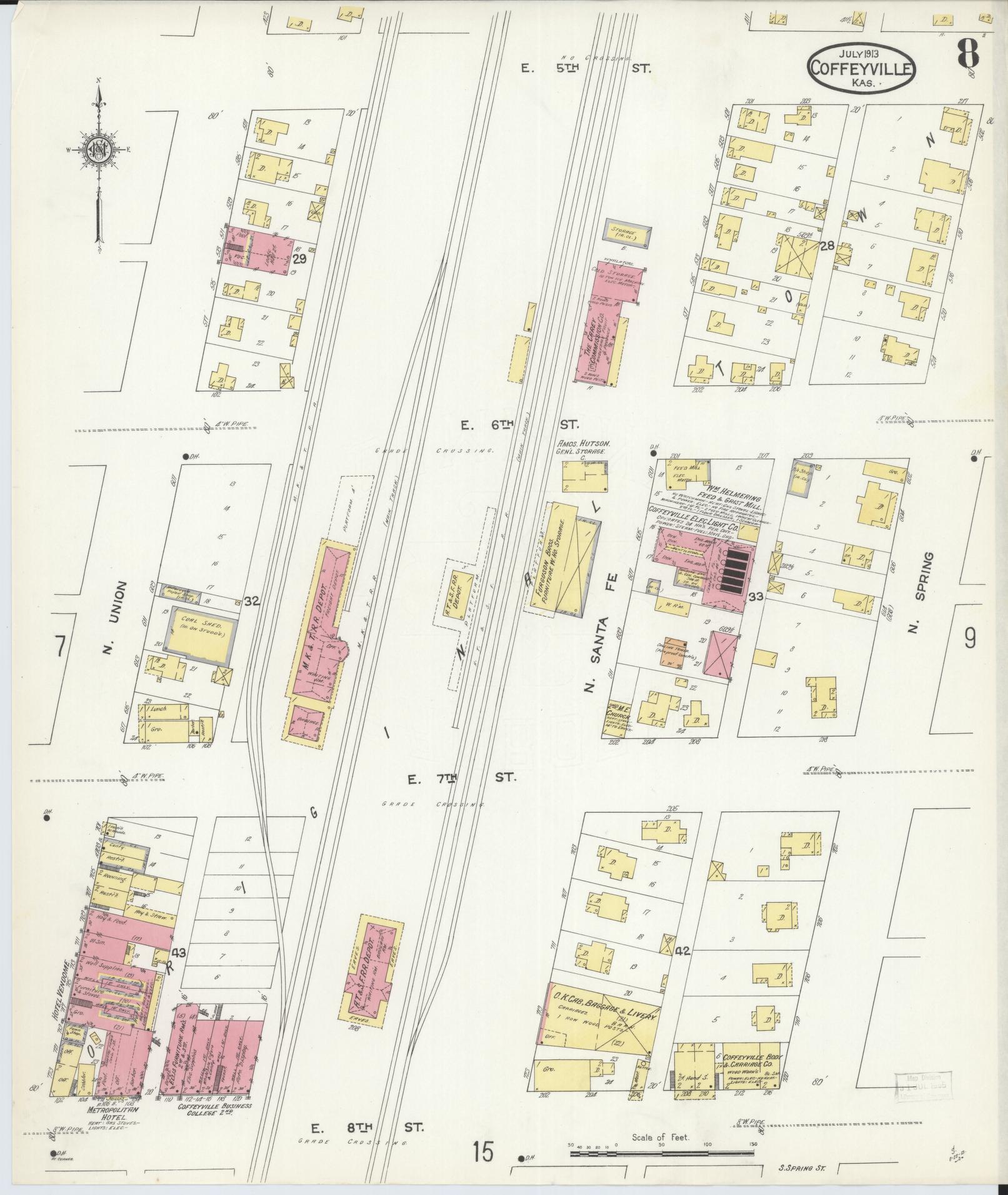 Sanborn Fire Insurance Map from Coffeyville, Montgomery County, Kansas (1913), Sheet #0008 - Historic Sanborn Fire Insurance Map Print, vintage old map wall art, antique decor, genealogy gift, Kansas Kansas map