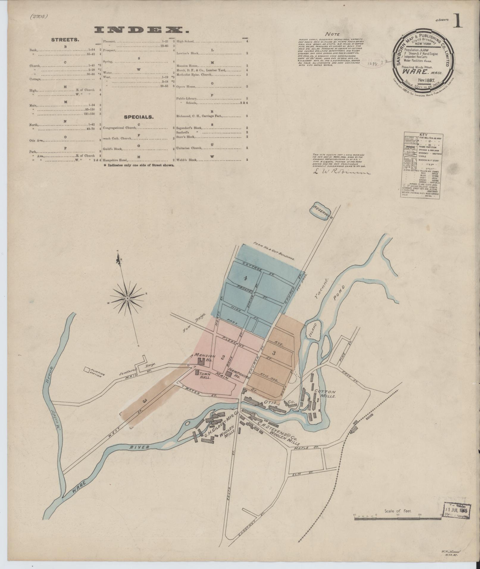 Sanborn Fire Insurance Map from Ware, Hampshire County, Massachusetts (1887), Sheet #0001 - Complete Map Set gallery image, historic Sanborn map, vintage wall art, Massachusetts Massachusetts