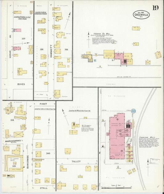 Sanborn Fire Insurance Map from Greenville, Greenville County, South Carolina (1908), Sheet #0019 - Historic Sanborn Fire Insurance Map Print, vintage old map wall art, antique decor, genealogy gift, South Carolina South Carolina map