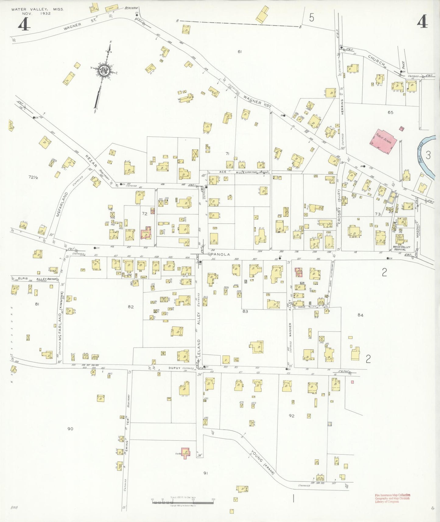 Sanborn Fire Insurance Map from Water Valley, Yalobusha County, Mississippi (1932), Sheet #0004 - Historic Sanborn Fire Insurance Map Print, vintage old map wall art, antique decor, genealogy gift, Mississippi Mississippi map