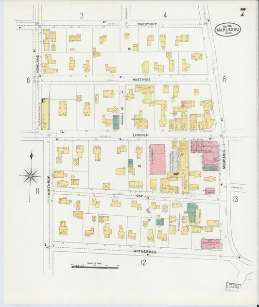 Sanborn Fire Insurance Map from Marlborough, Middlesex County, Massachusetts (1906), Sheet #0007 - Historic Sanborn Fire Insurance Map Print, vintage old map wall art, antique decor, genealogy gift, Massachusetts Massachusetts map
