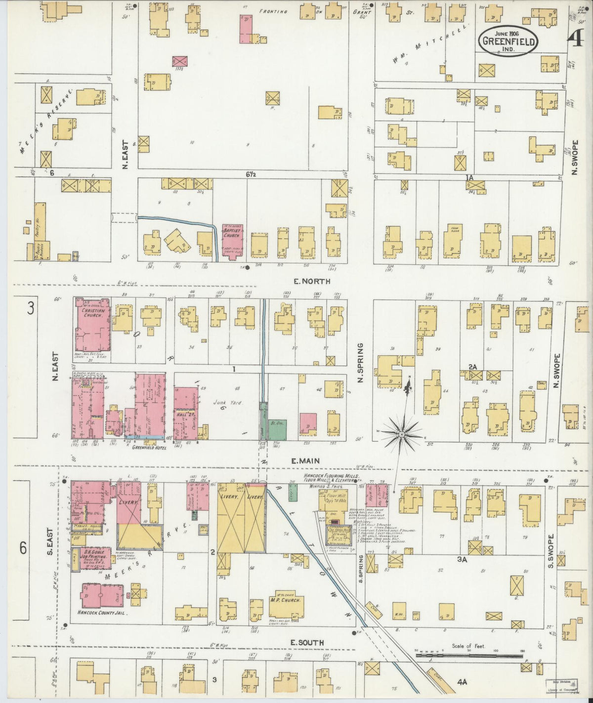 Sanborn Fire Insurance Map from Greenfield, Hancock County, Indiana (1906), Sheet #0004 - Historic Sanborn Fire Insurance Map Print, vintage old map wall art, antique decor, genealogy gift, Indiana Indiana map