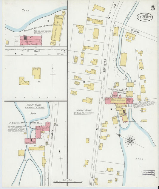 Sanborn Fire Insurance Map from Leicester, Worcester County, Massachusetts (1889), Sheet #0005 - Historic Sanborn Fire Insurance Map Print, vintage old map wall art, antique decor, genealogy gift, Massachusetts Massachusetts map