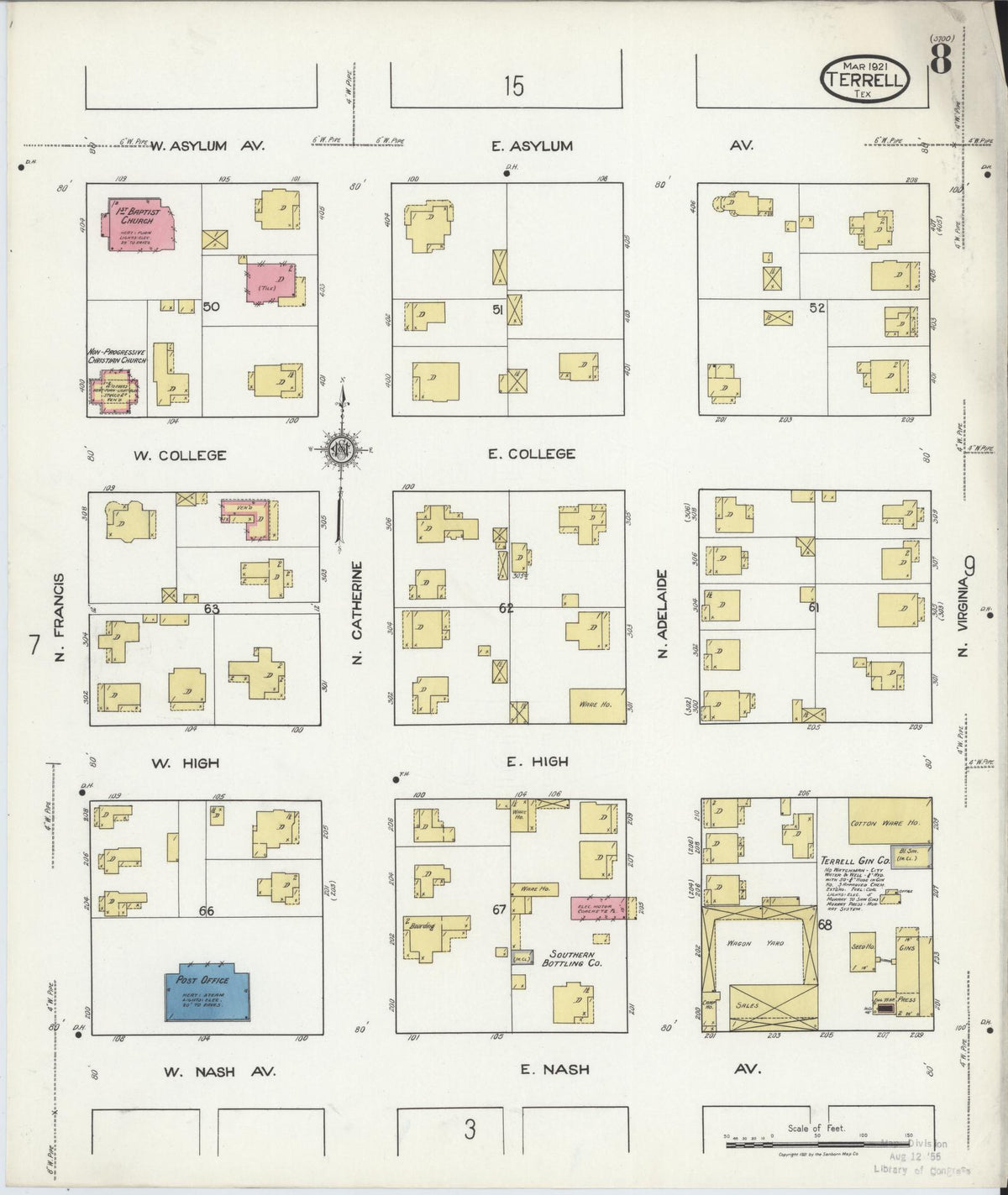Sanborn Fire Insurance Map from Terrell, Kaufman County, Texas (1921), Sheet #0008 - Historic Sanborn Fire Insurance Map Print, vintage old map wall art, antique decor, genealogy gift, Texas Texas map