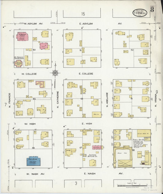 Sanborn Fire Insurance Map from Terrell, Kaufman County, Texas (1921), Sheet #0008 - Historic Sanborn Fire Insurance Map Print, vintage old map wall art, antique decor, genealogy gift, Texas Texas map