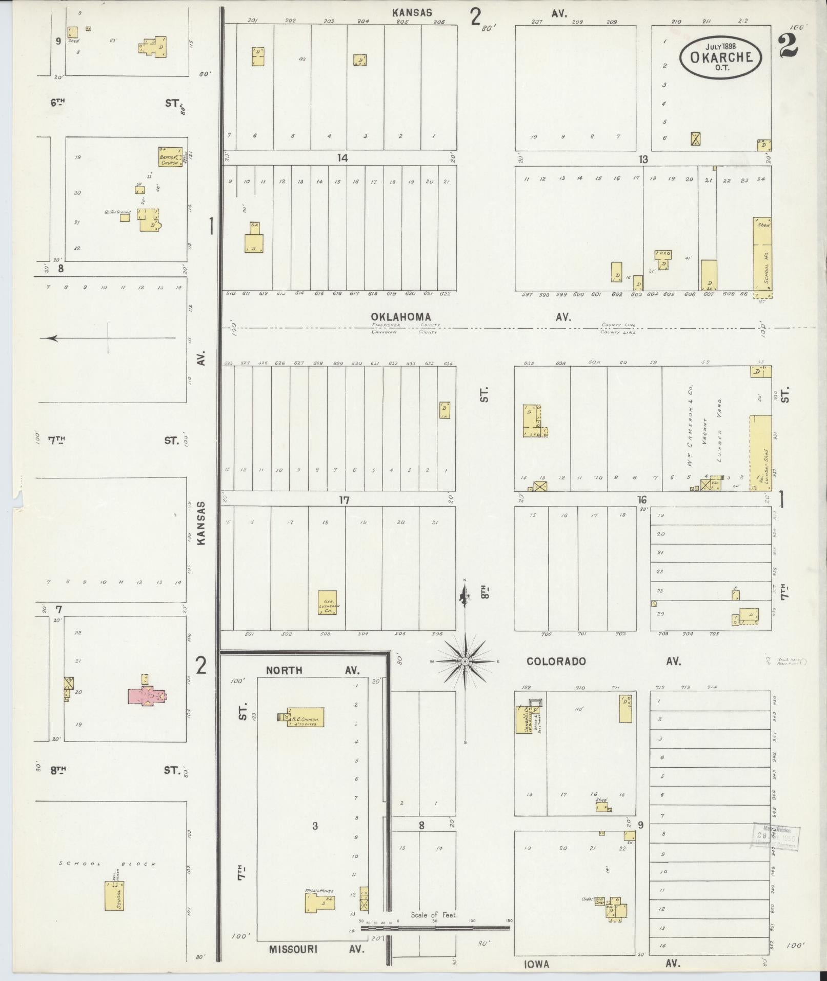 Sanborn Fire Insurance Map from Okarche, Kingfisher and Canadian Counties, Oklahoma (1898), Sheet #0002 - Historic Sanborn Fire Insurance Map Print, vintage old map wall art, antique decor, genealogy gift, Oklahoma Oklahoma map