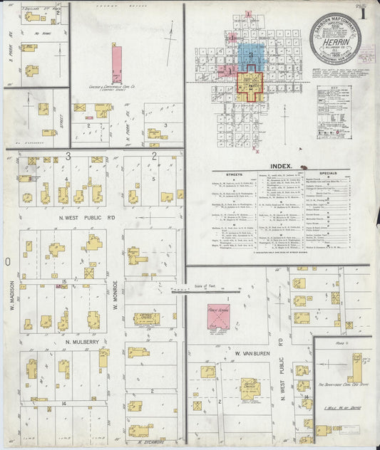 Sanborn Fire Insurance Map from Herrin, Williamson County, Illinois (1905), Sheet #0001 - Complete Map Set gallery image, historic Sanborn map, vintage wall art, Illinois Illinois