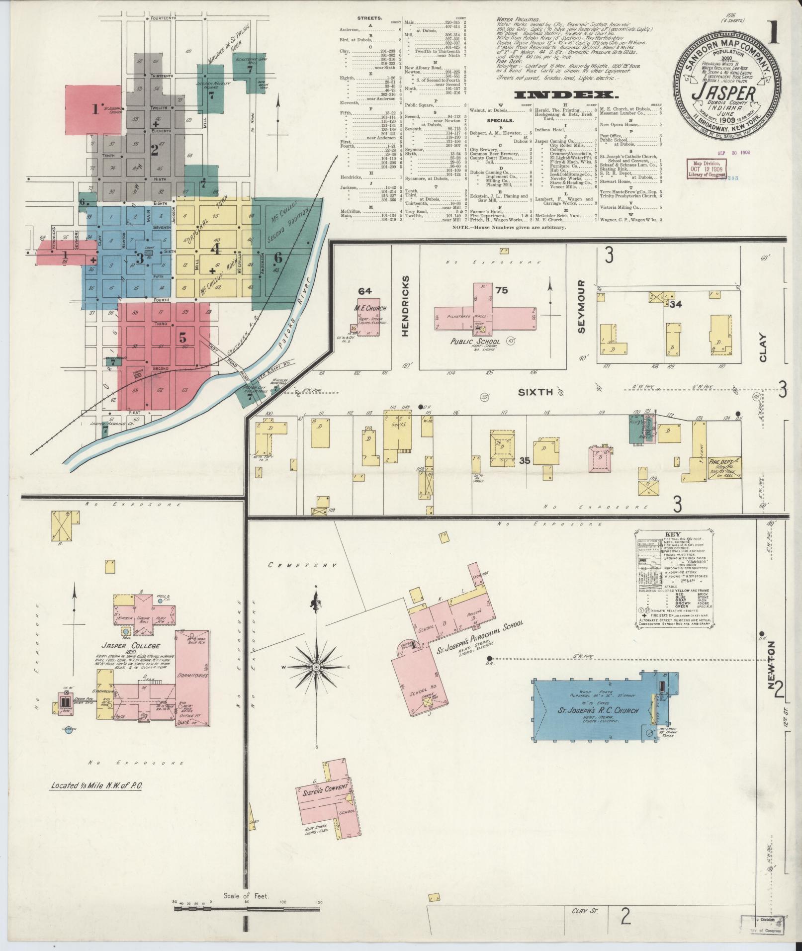 Sanborn Fire Insurance Map from Jasper, Dubois County, Indiana (1909), Sheet #0001 - Historic Sanborn Fire Insurance Map Print, vintage old map wall art, antique decor, genealogy gift, Indiana Indiana map