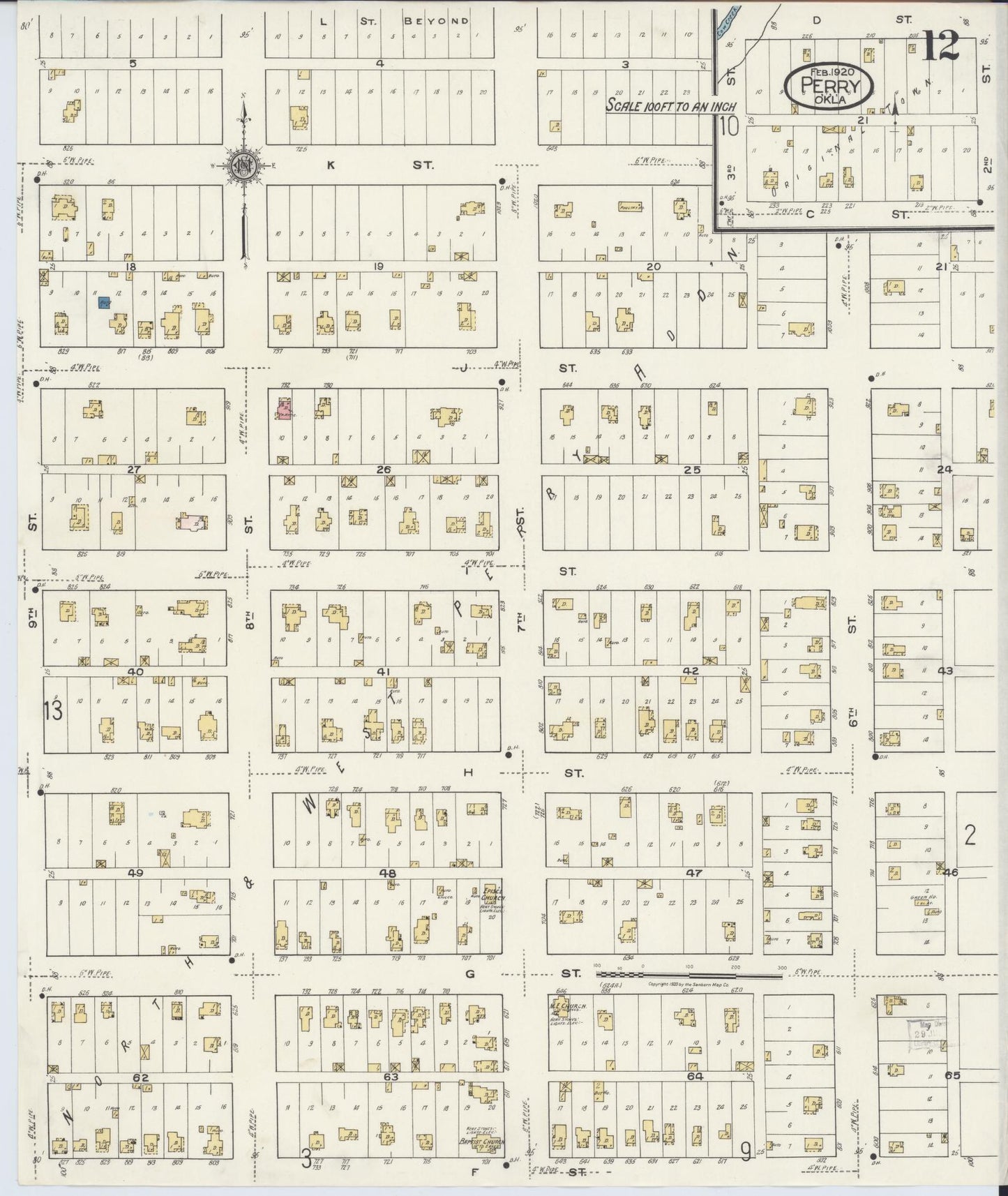 Sanborn Fire Insurance Map from Perry, Noble County, Oklahoma (1920), Sheet #0012 - Complete Map Set gallery image, historic Sanborn map, vintage wall art, Oklahoma Oklahoma