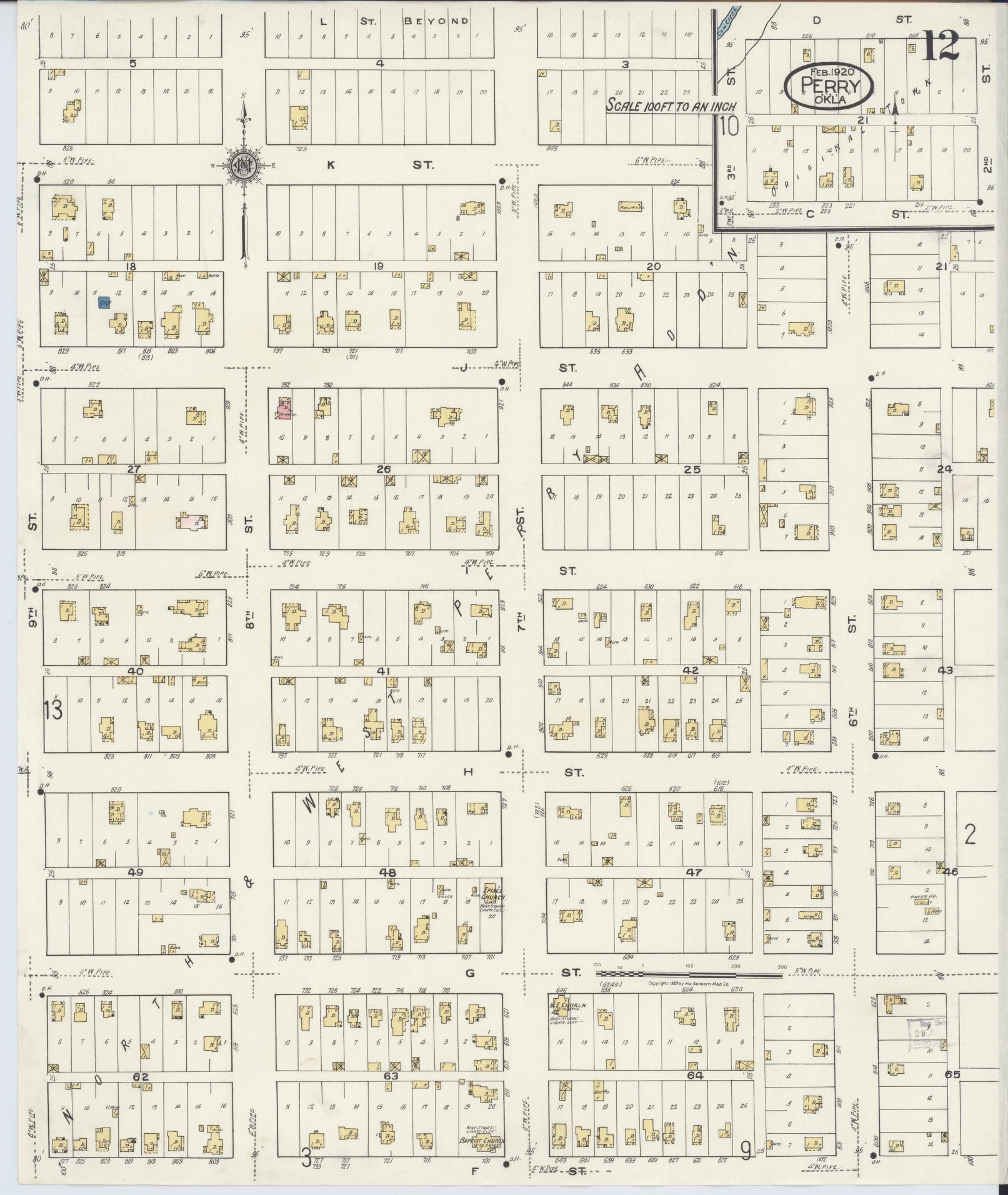 Sanborn Fire Insurance Map from Perry, Noble County, Oklahoma (1920), Sheet #0012 - Complete Map Set gallery image, historic Sanborn map, vintage wall art, Oklahoma Oklahoma