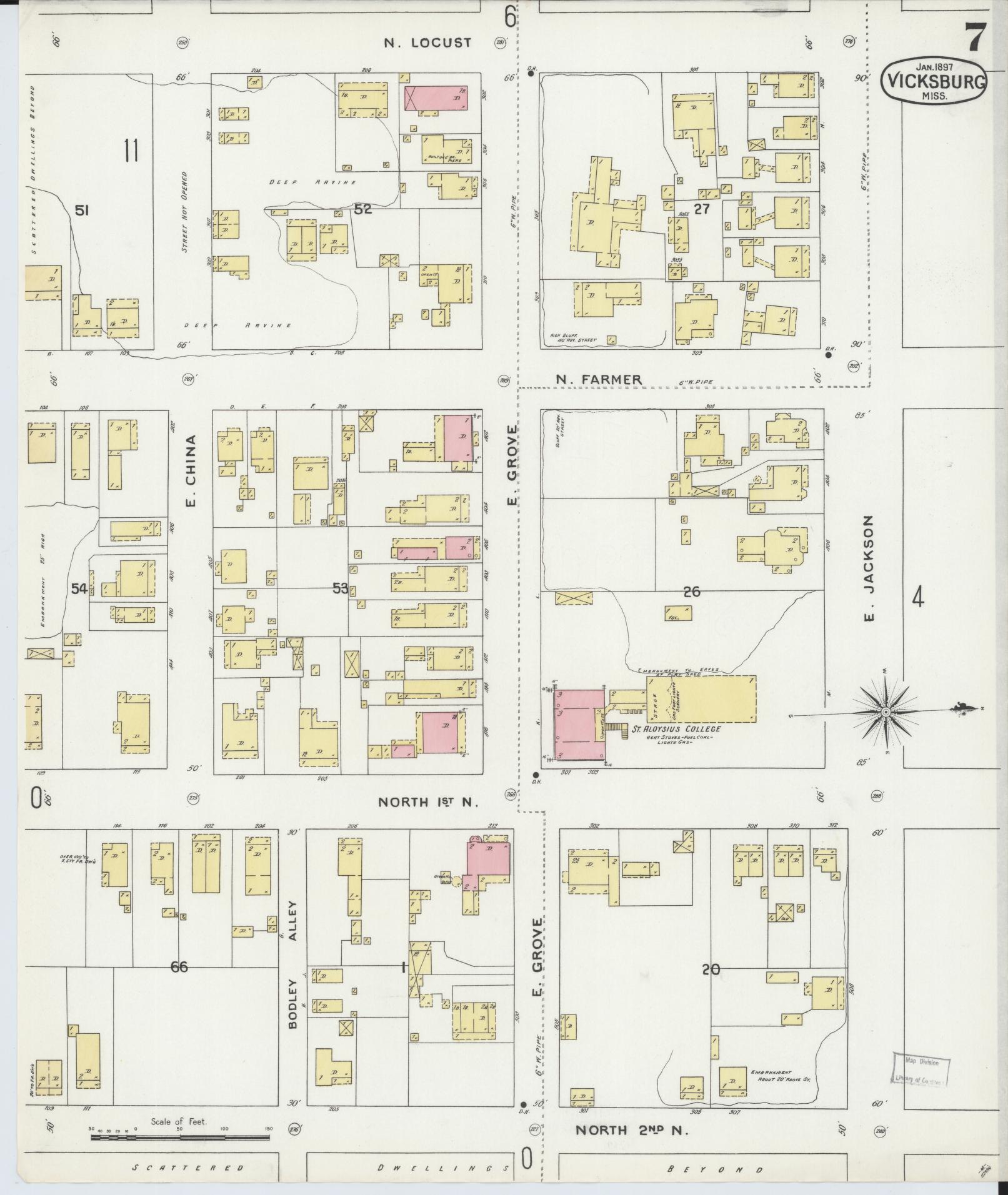 Sanborn Fire Insurance Map from Vicksburg, Warren County, Mississippi (1897), Sheet #0007 - Historic Sanborn Fire Insurance Map Print, vintage old map wall art, antique decor, genealogy gift, Mississippi Mississippi map