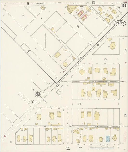 Sanborn Fire Insurance Map from Modesto, Stanislaus County, California (1919), Sheet #0018 - Historic Sanborn Fire Insurance Map Print, vintage old map wall art, antique decor, genealogy gift, California California map