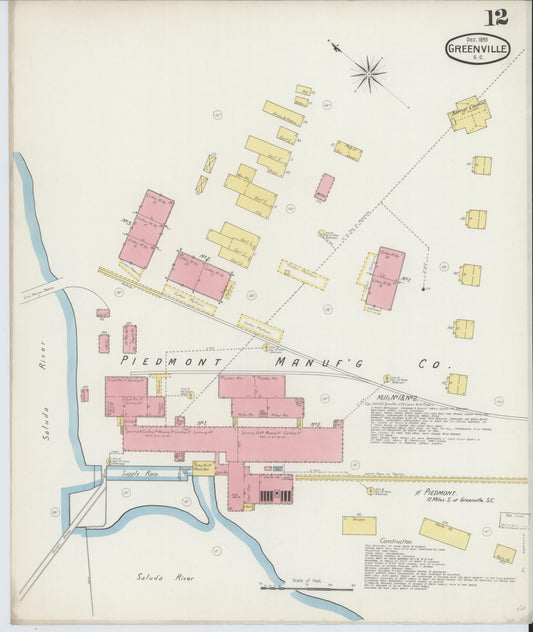 Sanborn Fire Insurance Map from Greenville, Greenville County, South Carolina (1893), Sheet #0012 - Historic Sanborn Fire Insurance Map Print, vintage old map wall art, antique decor, genealogy gift, South Carolina South Carolina map