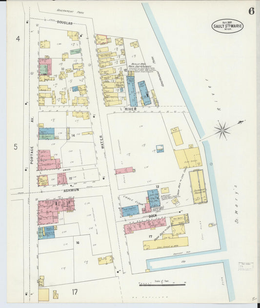 Sanborn Fire Insurance Map from Sault Sainte Marie, Chippewa County, Michigan (1897), Sheet #0006 - Historic Sanborn Fire Insurance Map Print, vintage old map wall art, antique decor, genealogy gift, Michigan Michigan map