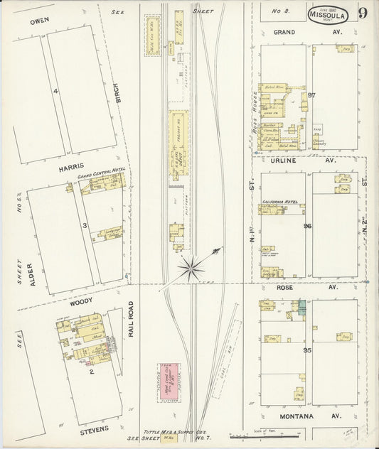 Sanborn Fire Insurance Map from Missoula, Missoula County, Montana (1890), Sheet #0009 - Historic Sanborn Fire Insurance Map Print, vintage old map wall art, antique decor, genealogy gift, Montana Montana map