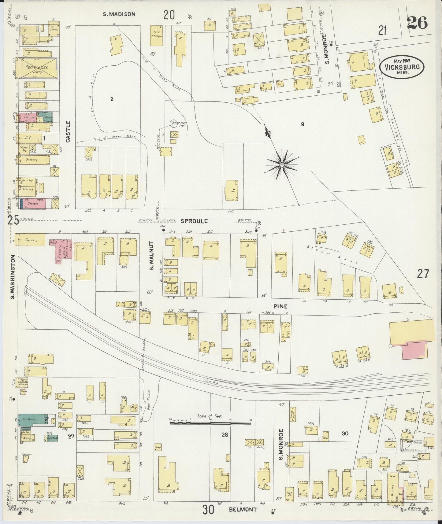 Sanborn Fire Insurance Map from Vicksburg, Warren County, Mississippi (1907), Sheet #0026 - Complete Map Set gallery image, historic Sanborn map, vintage wall art, Mississippi Mississippi