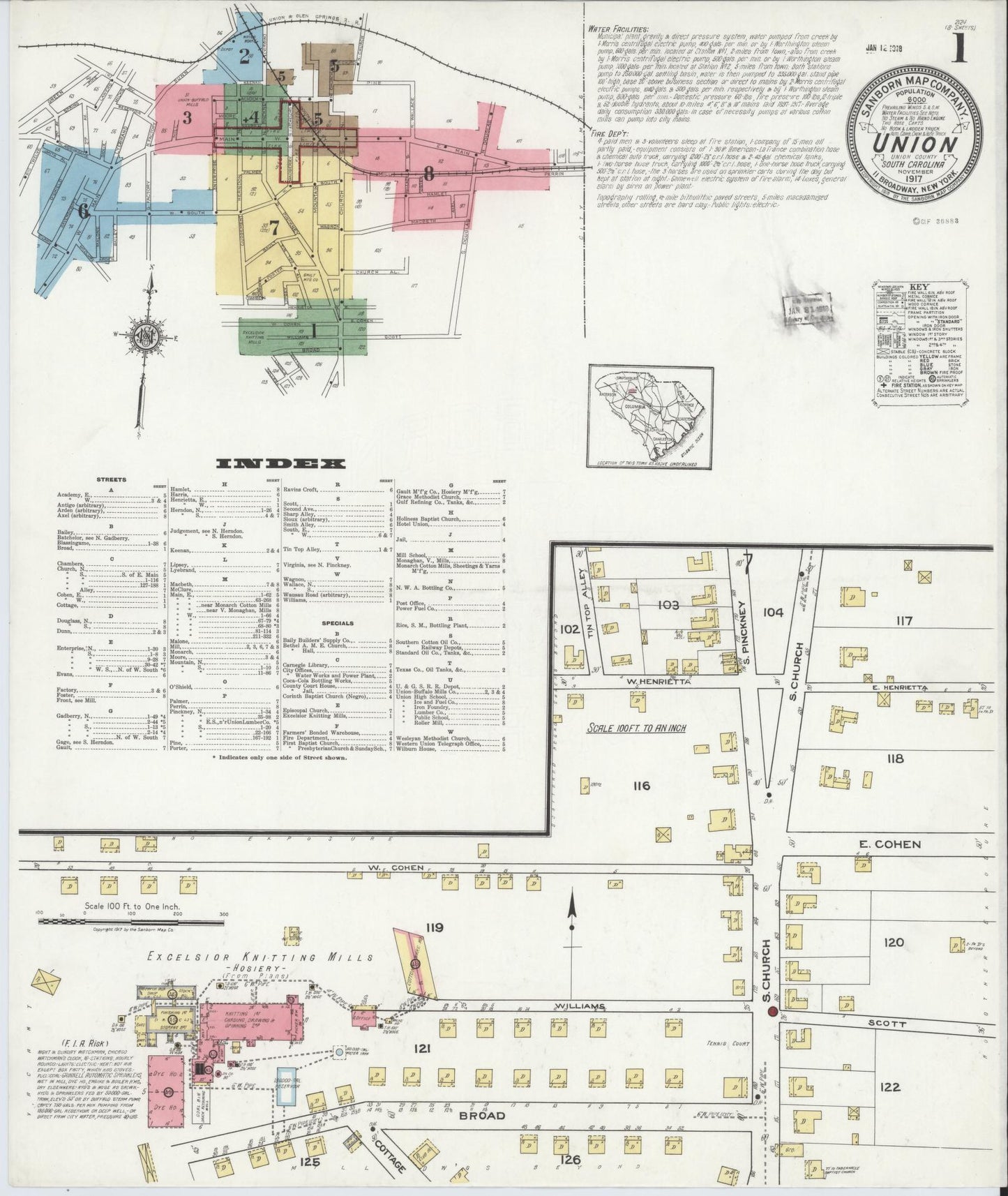 Sanborn Fire Insurance Map from Union, Union County, South Carolina (1917), Sheet #0001 - Complete Map Set gallery image, historic Sanborn map, vintage wall art, South Carolina South Carolina