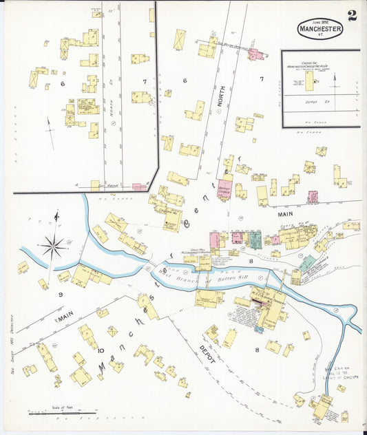 Sanborn Fire Insurance Map from Manchester, Bennington County, Vermont (1892), Sheet #0002 - Historic Sanborn Fire Insurance Map Print, vintage old map wall art, antique decor, genealogy gift, Vermont Vermont map