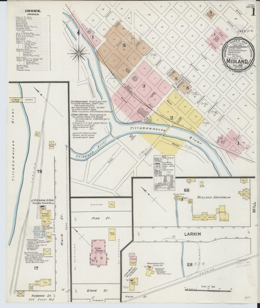 Sanborn Fire Insurance Map from Midland, Midland County, Michigan (1889), Sheet #0001 - Historic Sanborn Fire Insurance Map Print, vintage old map wall art, antique decor, genealogy gift, Michigan Michigan map