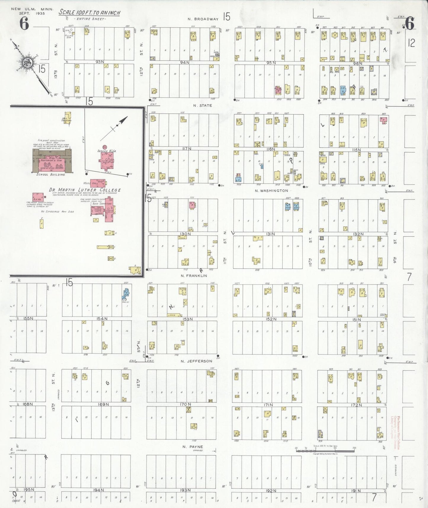 Sanborn Fire Insurance Map from New Ulm, Brown County, Minnesota (1935), Sheet #0006 - Historic Sanborn Fire Insurance Map Print, vintage old map wall art, antique decor, genealogy gift, Minnesota Minnesota map