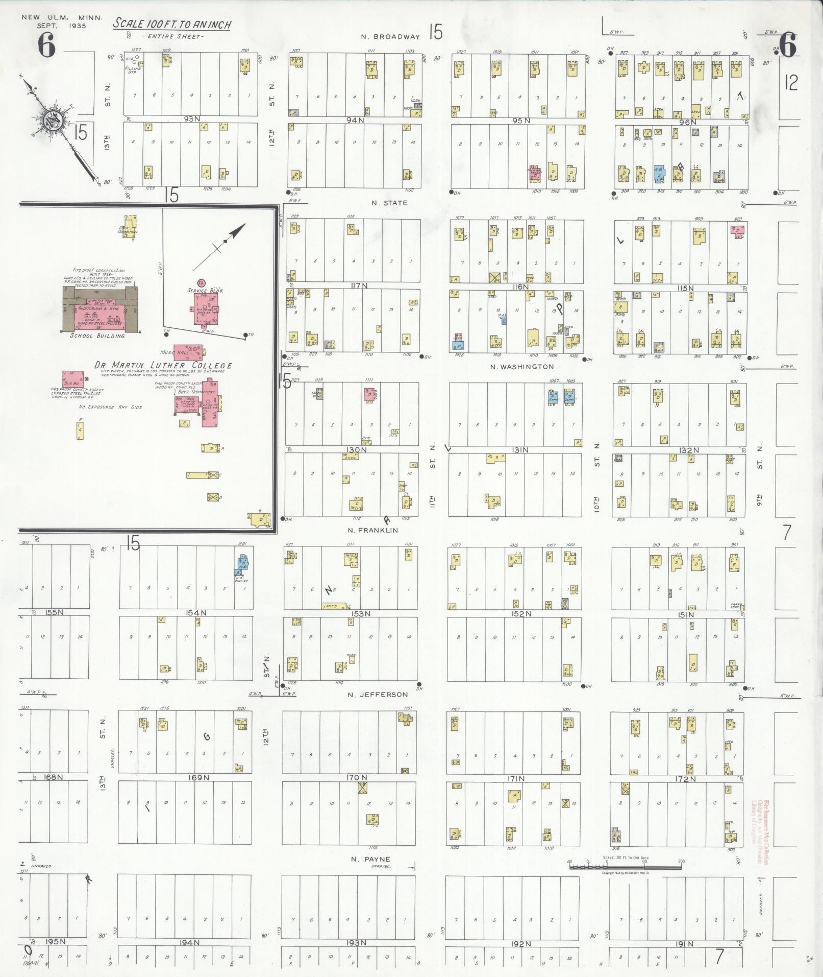 Sanborn Fire Insurance Map from New Ulm, Brown County, Minnesota (1935), Sheet #0006 - Historic Sanborn Fire Insurance Map Print, vintage old map wall art, antique decor, genealogy gift, Minnesota Minnesota map