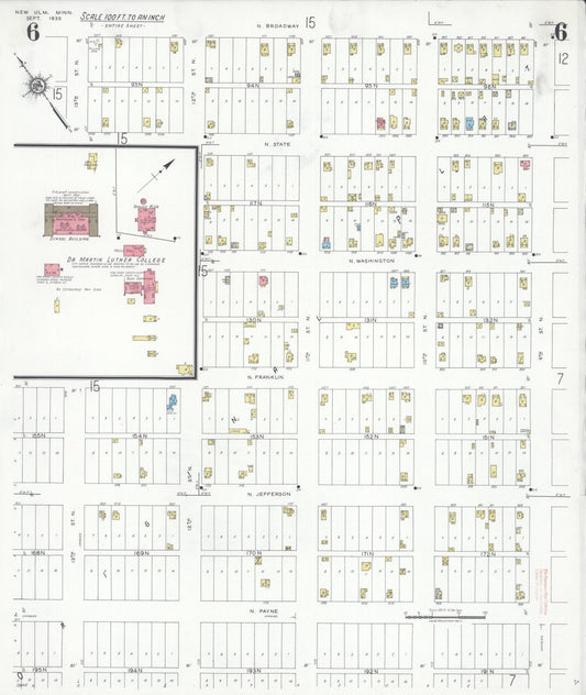 Sanborn Fire Insurance Map from New Ulm, Brown County, Minnesota (1935), Sheet #0006 - Historic Sanborn Fire Insurance Map Print, vintage old map wall art, antique decor, genealogy gift, Minnesota Minnesota map
