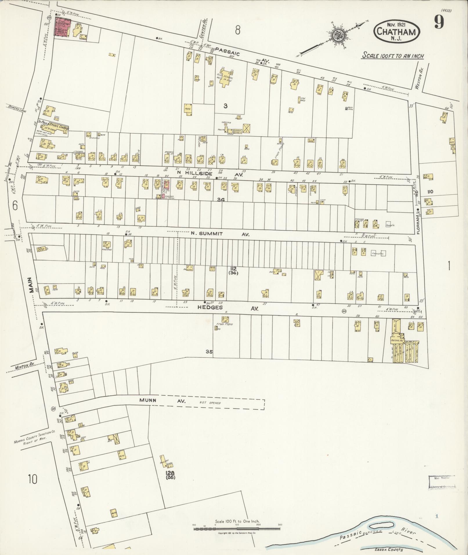 Sanborn Fire Insurance Map from Chatham, Morris County, New Jersey (1921), Sheet #0009 - Complete Map Set gallery image, historic Sanborn map, vintage wall art, New Jersey New Jersey