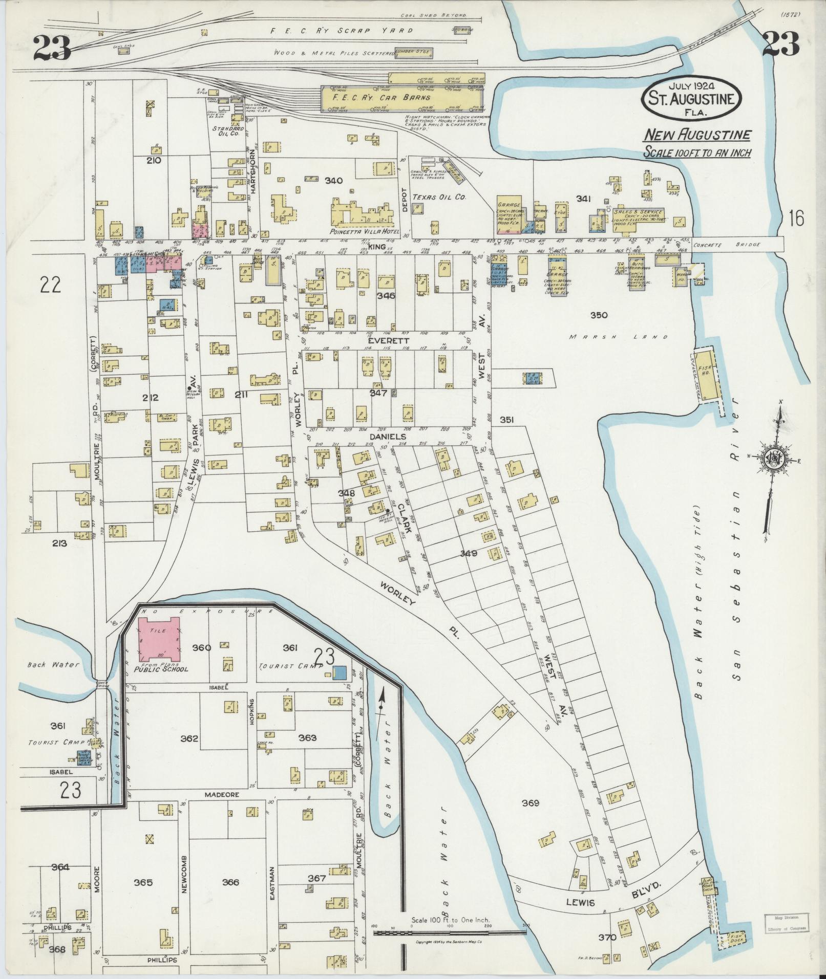 Sanborn Fire Insurance Map from Saint Augustine, Saint John's County, Florida (1924), Sheet #0023 - Historic Sanborn Fire Insurance Map Print, vintage old map wall art, antique decor, genealogy gift, Florida Florida map