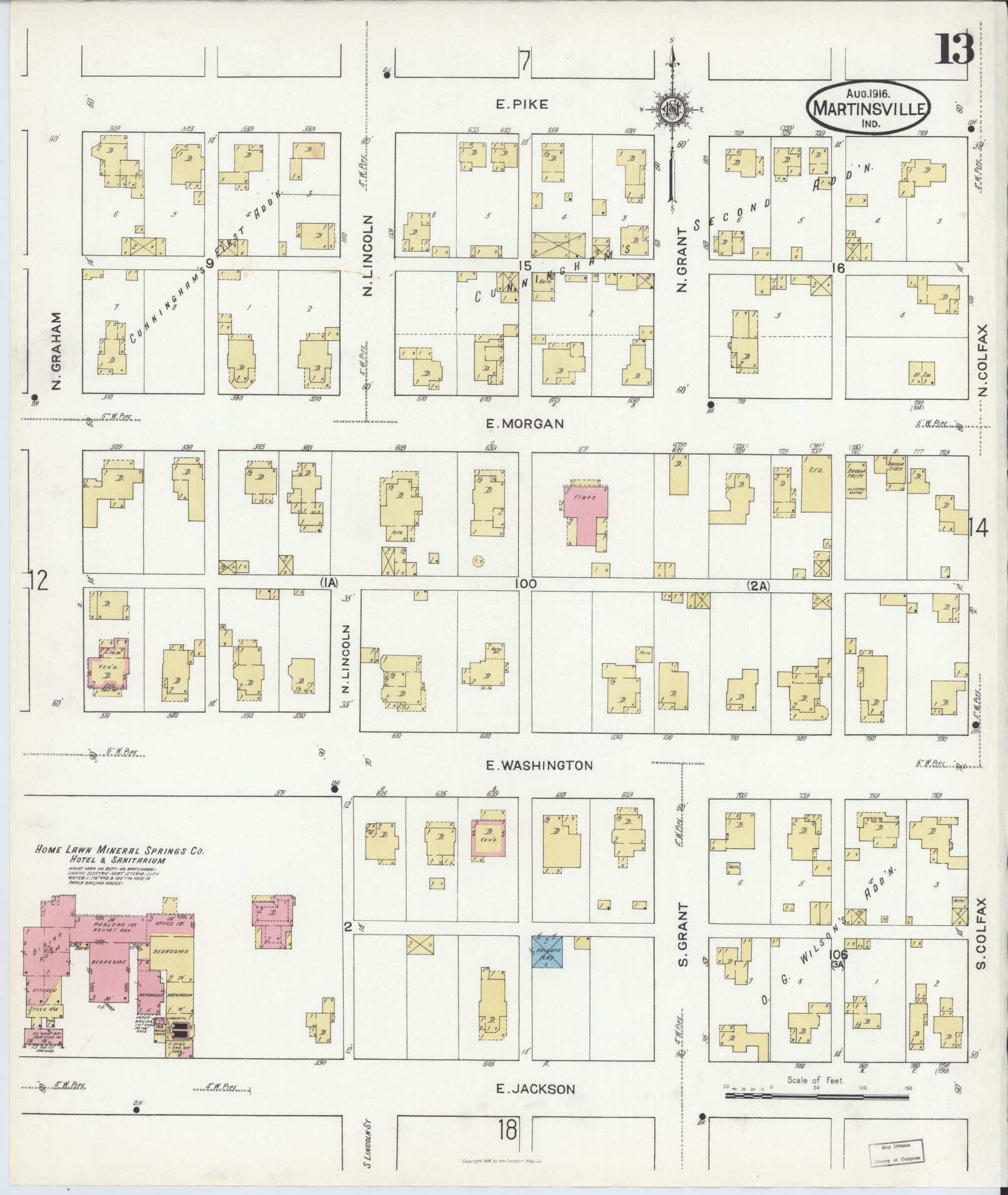 Sanborn Fire Insurance Map from Martinsville, Morgan County, Indiana (1916), Sheet #0013 - Complete Map Set gallery image, historic Sanborn map, vintage wall art, Indiana Indiana