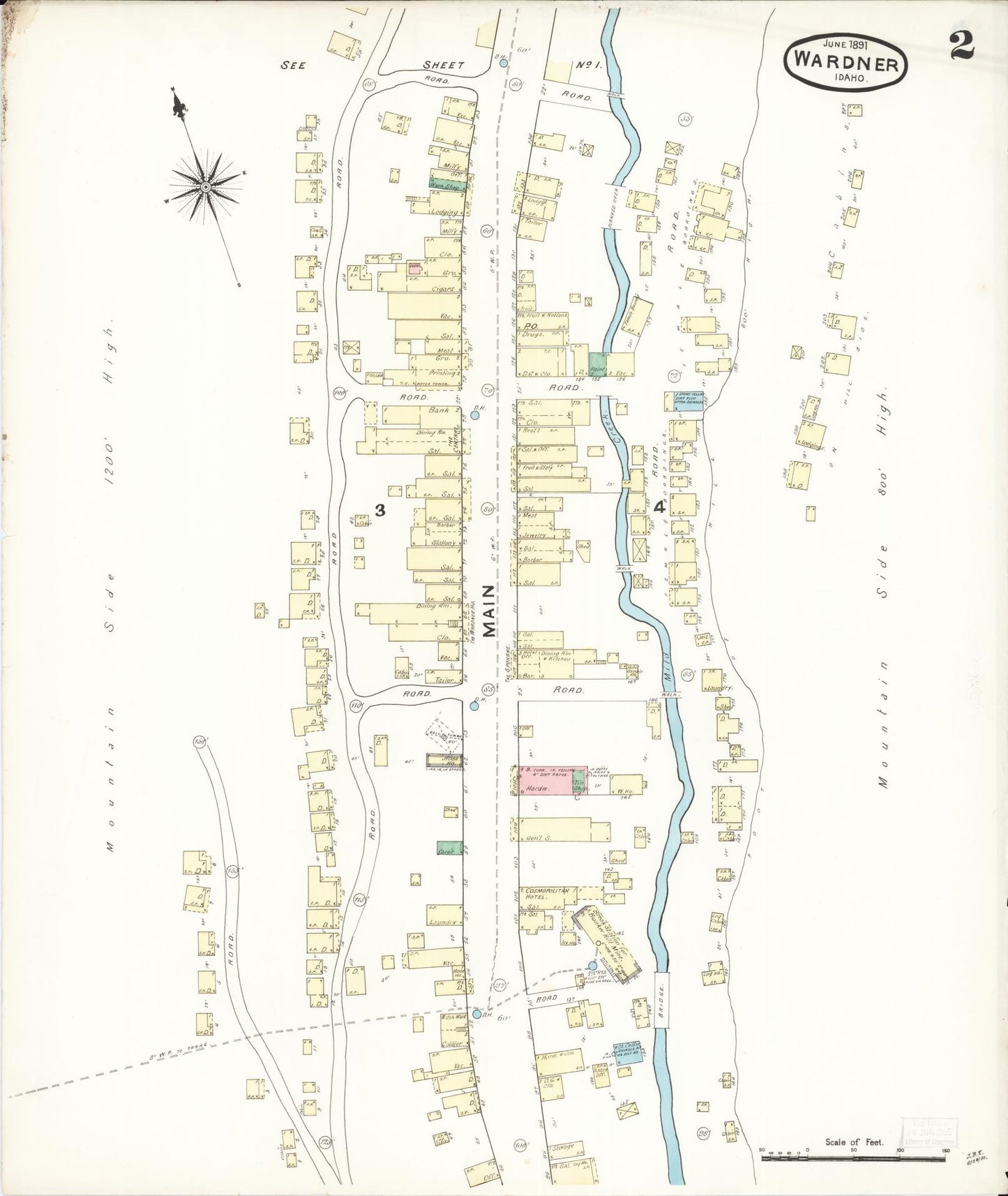 Sanborn Fire Insurance Map from Wardner, Shoshone County, Idaho (1891), Sheet #0002 - Complete Map Set gallery image, historic Sanborn map, vintage wall art, Idaho Idaho