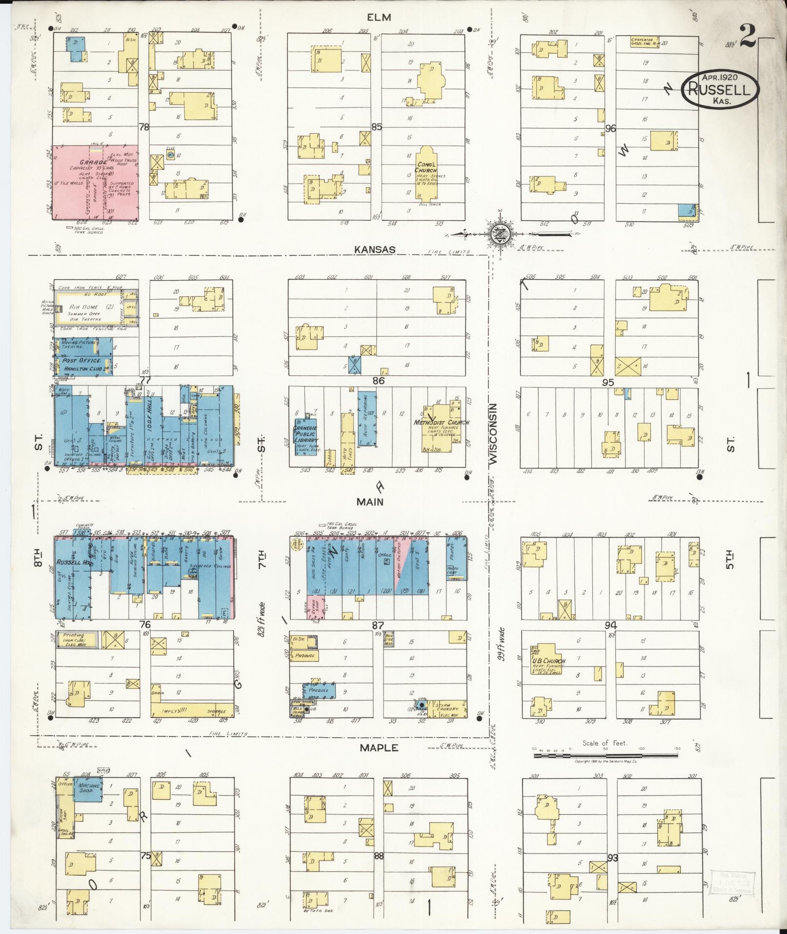 Sanborn Fire Insurance Map from Russell, Russell County, Kansas (1920), Sheet #0002 - Historic Sanborn Fire Insurance Map Print, vintage old map wall art, antique decor, genealogy gift, Kansas Kansas map