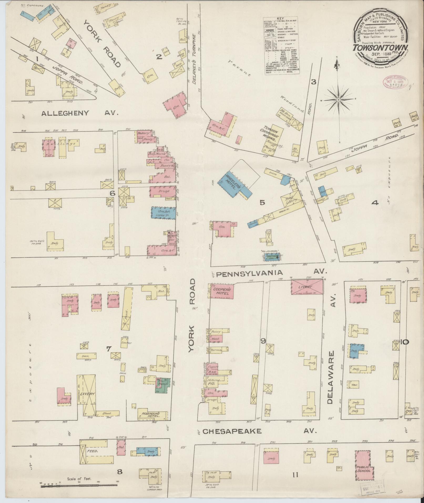 Sanborn Fire Insurance Map from Towson, Baltimore County, Maryland (1885), Sheet #0001 - Historic Sanborn Fire Insurance Map Print, vintage old map wall art, antique decor, genealogy gift, Maryland Maryland map
