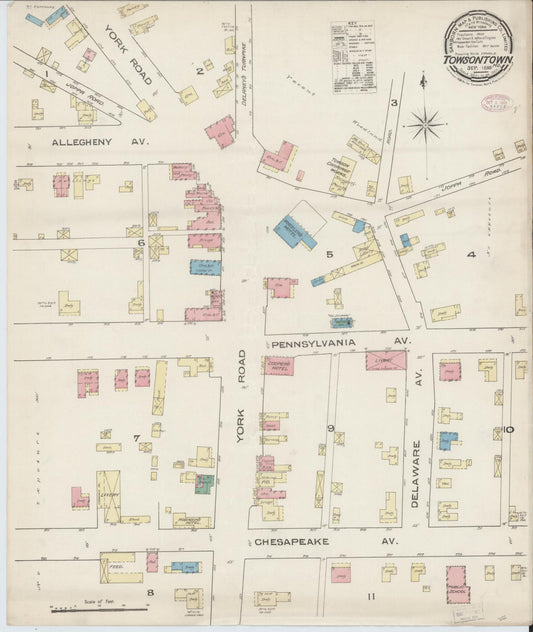 Sanborn Fire Insurance Map from Towson, Baltimore County, Maryland (1885), Sheet #0001 - Historic Sanborn Fire Insurance Map Print, vintage old map wall art, antique decor, genealogy gift, Maryland Maryland map