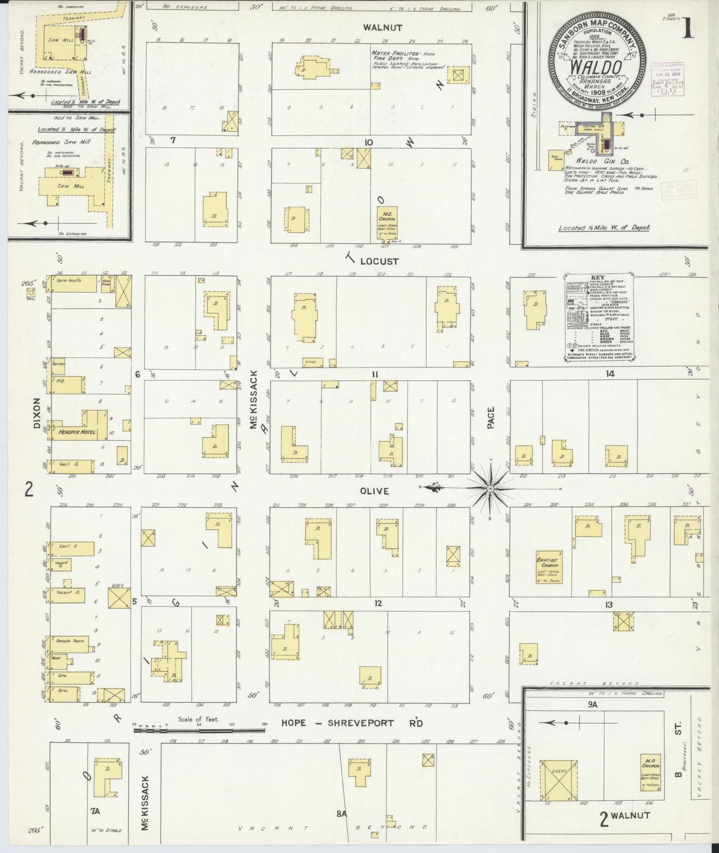 Sanborn Fire Insurance Map from Waldo, Columbia County, Arkansas (1909), Sheet #0001 - Complete Map Set gallery image, historic Sanborn map, vintage wall art, Arkansas Arkansas