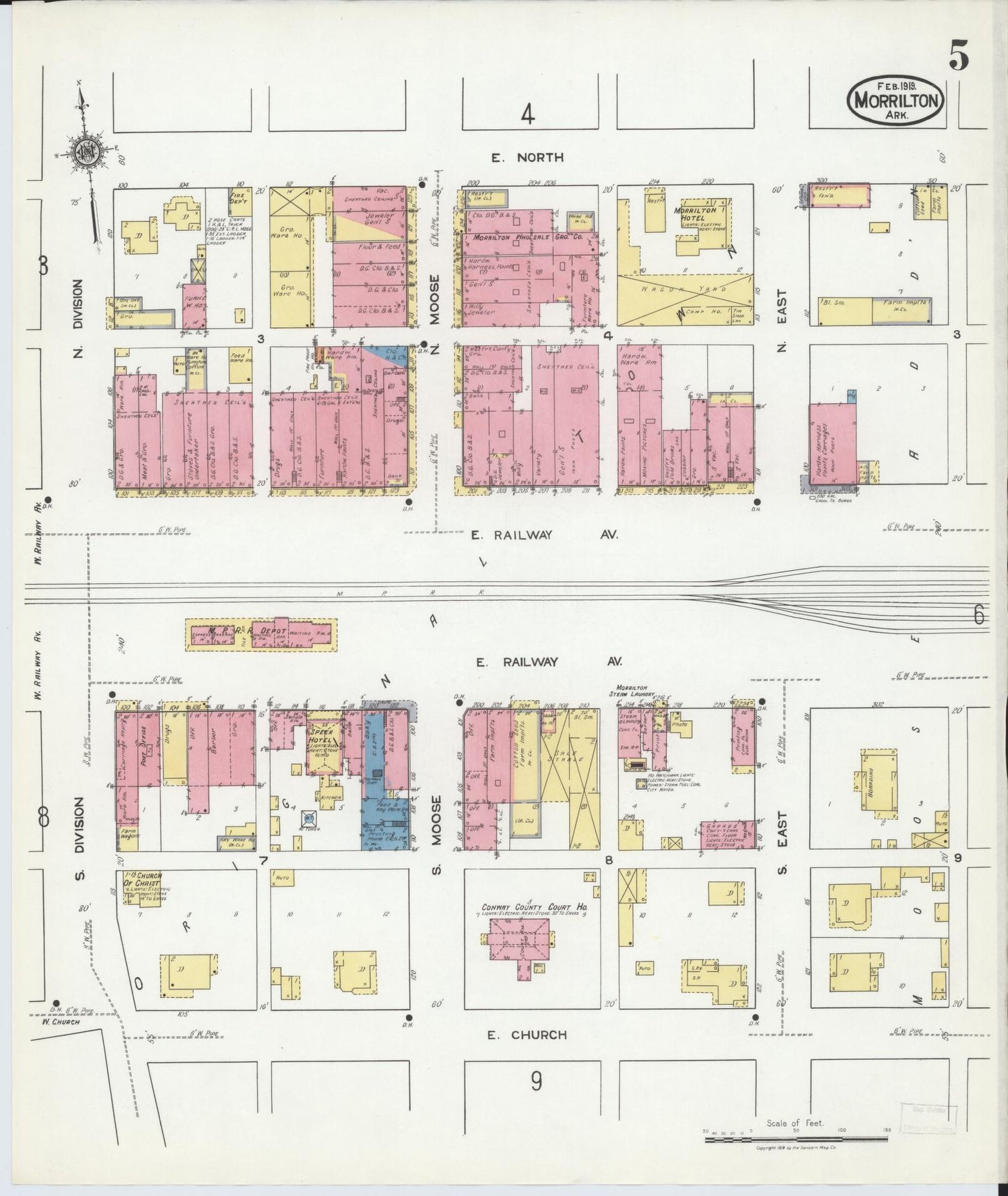 Sanborn Fire Insurance Map from Morrilton, Conway County, Arkansas (1919), Sheet #0005 - Historic Sanborn Fire Insurance Map Print, vintage old map wall art, antique decor, genealogy gift, Arkansas Arkansas map