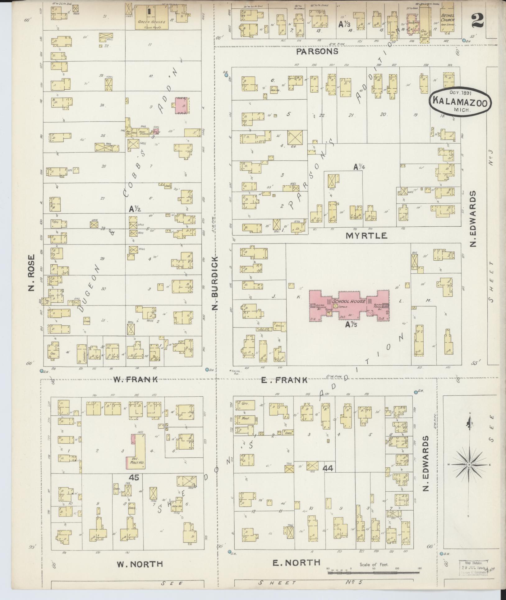 Sanborn Fire Insurance Map from Kalamazoo, Kalamazoo County, Michigan (1891), Sheet #0002 - Complete Map Set gallery image, historic Sanborn map, vintage wall art, Michigan Michigan