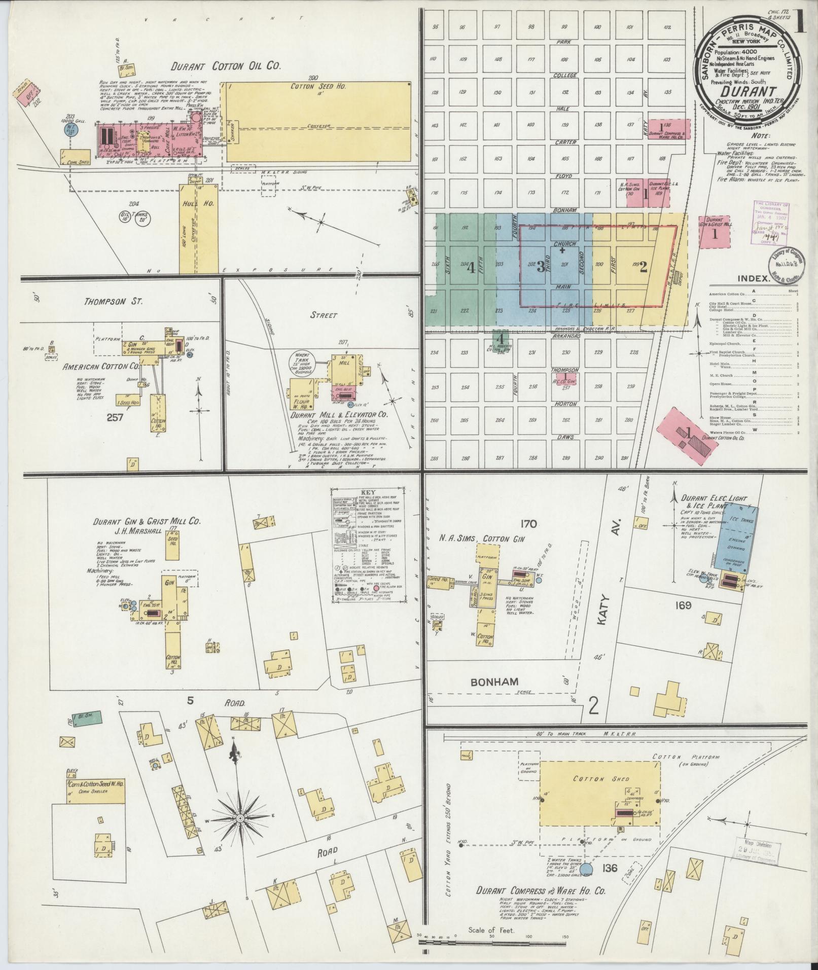 Sanborn Fire Insurance Map from Durant, Bryan County, Oklahoma (1901), Sheet #0001 - Complete Map Set gallery image, historic Sanborn map, vintage wall art, Oklahoma Oklahoma